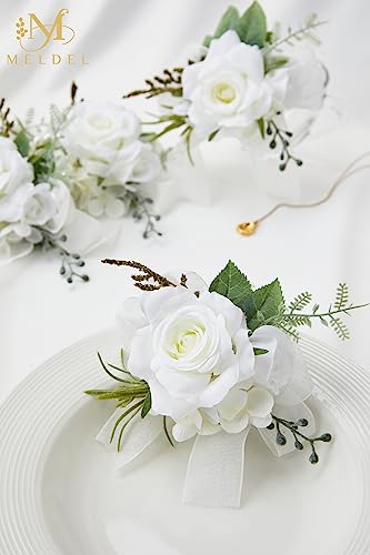 6Pcs White Artificial Rose Wrist Corsages for Wedding Prom | Faux Silk Flower for Homecoming Party Anniversary, Women Wristlet Corsage for Bride Formal Engagement Graduation Gift - color: 6pcs White Wrist Corsages