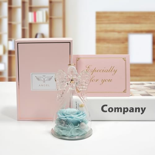 Miofula Gifts for Mom Birthday Gifts for Women, Preserved Flowers Rose in Glass Angel Figurines, Fresh Flowers for Delivery Anniversary Forever Real Roses Gifts for Mothers Grandma Her Wife Girlfriend - color: Pale Blue