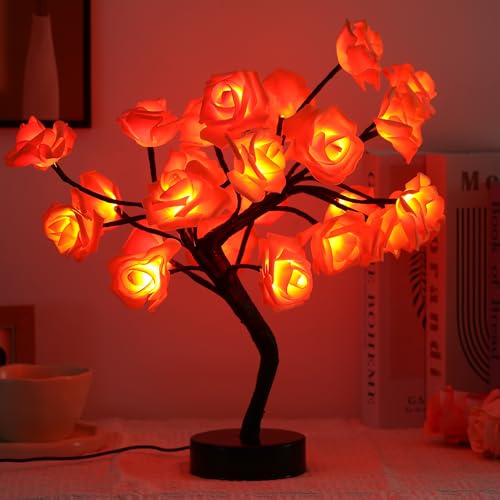 Drawelry Rose Flower Tree Lamp - LED Rose Tree Table Lamp USB/Battery Powered Artificial Bonsai Flower Night Light for Bedroom Living Room Party Wedding Birthday Decor (Orange) - color: Orange