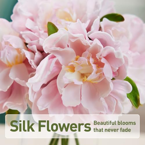 VeriNatural Artificial Pink Peony Flowers with Vase – 10.6" Fake Silk Floral Arrangements in Glass Vase with Faux Water for Home Decor, Bathroom Shelf, Centerpiece, Wedding, Gift - color: Pink
