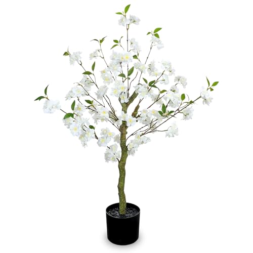 3 FT Artificial Cherry Blossom Tree in Black Pot, White Faux Sakura Tree with Planter for Indoor Decorations, Real Touch Fake Plants Potted for Home Bedroom Living Room Entryway & Office Decor - color: White