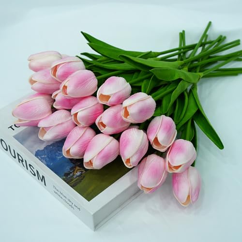 20pcs Pink Tulips Artificial Flowers 13 Inch PU Fake Flowers Fake Tulips for Mother's Day Easter in Home Kitchen Wedding Dining Table Decorations - color: B-Pink