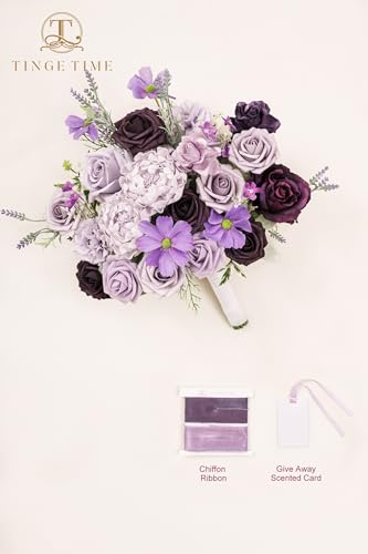 TINGE TIME 11 Inch Wedding Bouquets for Bride, Lavender&Plum Artificial Flowers Bouquet, Brides & Bridesmaids Bouquet for Wedding Anniversary Ceremony Bridal Shower Decorations - color: Lavender & Plum