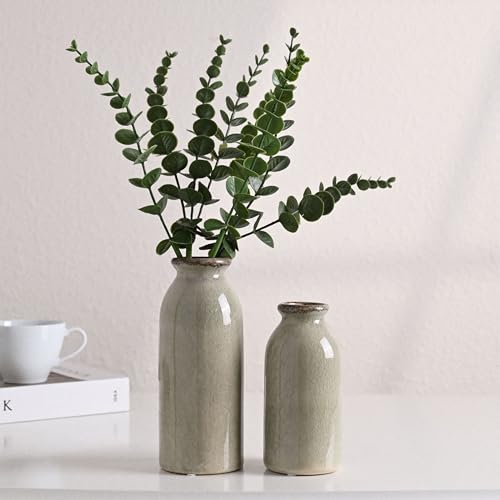 VICTOR & TERESA Green Ceramic Vases Home Decor, Farmhouse Vase for Flowers, Flower Vase Set of 2, Rustic Decorative Vases for Pampas Grass, Table, Living Room, Shelf, Centerpieces, 8 inch - color: Green