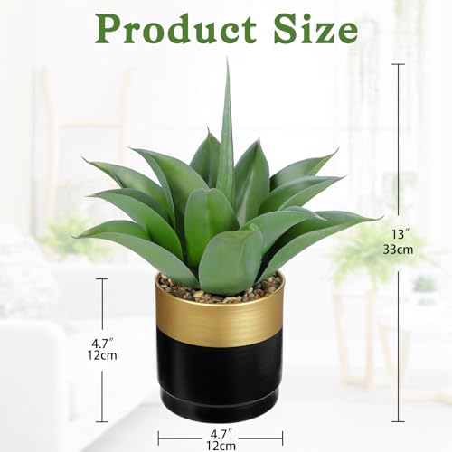 Briful Artificial Agave Plant in Black and Gold Metal Pot, 13 Inch Tall Fake Succulent Potted Plants with Wide Gray-Green Leaves, Faux Houseplant for Modern Home Office Shelf Decor - color: Aloe Vera Gold Black Vase