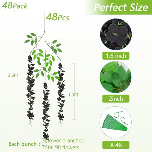 48Pcs Artificial Wisteria Hanging Flowers, 3.6Ft/Pcs Black Fake Wisteria Garland for Wedding Party Home Garden Indoor Outdoor Decoration - color: Black, size: 48Pcs