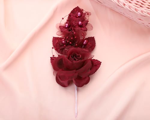 Set of 12 Artificial Silk Organza Craft Rose Flower, 12 Corsage Wristlet, 12 Pin Back DIY Boutonnieres for Wedding, Bridesmaids, Groomsmen, Quinceanera, Prom, Sweet 16 (Burgundy) - color: Burgundy
