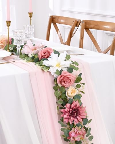 Waipfaru 8.85Ft Flower Garland, Eucalyptus Greenery Garland with Flowers, Pink Rose Floral Vines for Wedding Reception Table Mantle Room Spring Summer Decor (Pink) - color: Dusty Pink-8.85ft, size: 1 Pack