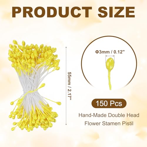 PATIKIL 3mm Double Heads Flower Stamen, 150 Pcs Artificial Flower Stamen Pistil Matt Pearl Floral Stamen for DIY Christmas Card Wedding Decoration, Yellow - color: Yellow