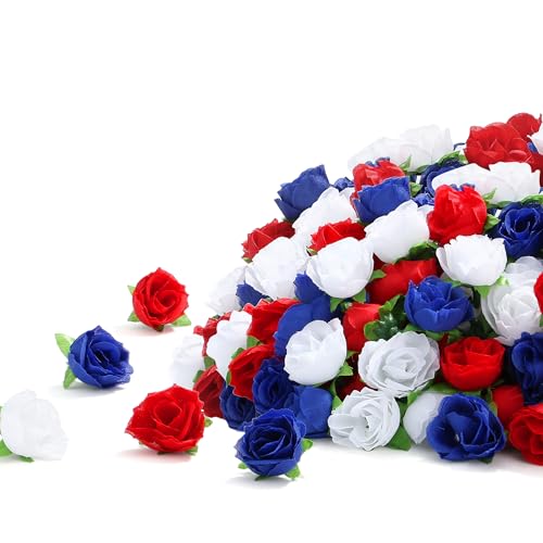 SITUMEIZI 100 Pcs Mini Patriotic Roses Head 4th of July Artificial Flowers Small Rose for Independence Day DIY Decor Blue White Red Silk Flowers for Memorial Day - color: Blue-white-red