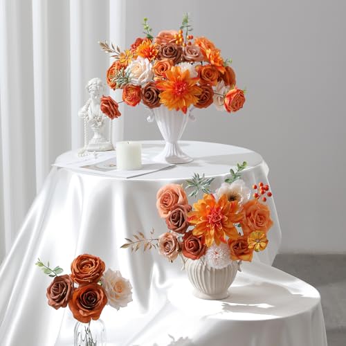 Floweroyal Artificial Flowers Fake Rose Flowers Dahlia with Stems for DIY Wedding Bridal Bouquets, Baby Shower, Floral Arrangement, Table Centerpieces, Home Decorations - color: Orange Fall Sundown