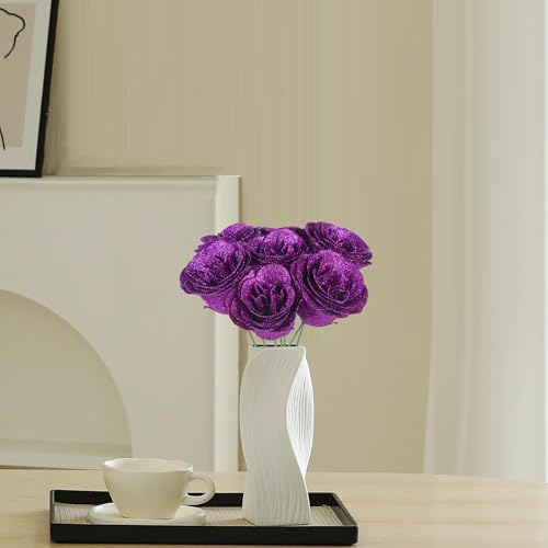 Glitter Roses Bouquet,30PCS Fake Purple Roses Glitter Flowers for Crafts Wedding Bouquet Party Christmas Home Decor(Dark Purple) - color: Dark Purple