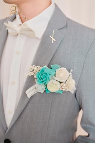 TINGE TIME Boutonniere for Men Wedding,Groom and Best Man Boutonniere for Wedding, Prom, Homecoming, Anniversary, Graduation, Christmas Dinner (1, Teal Blue & Champange) - color: Tb&cp
