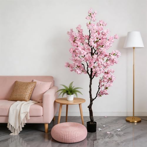 Artificial Pink Cherry Blossom Tree 7 FT Faux Flowering Trees Fake Cherry Blossom Decorative Tree Indoor for Christmas New Year Home Decor - color: Pink-ap31