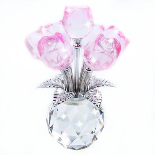 TWINKLING Crystal Roses Figurine with Round Vase, Glass Rose Crystal Flowers Bouquet, Birthday, Anniversary,Wedding, Home Décor,Silver Leaf (Pink) - color: Pink(silver Leaf)