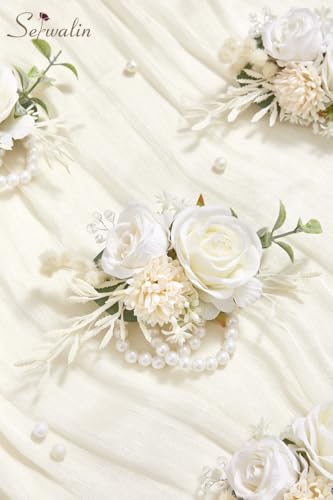 Serwalin 6 PCS White Wrist Corsage for Wedding, Corsages Wristlet for Bridesmaid Mother Grandmother Girl, Artificial Flowers for Prom Ceremony Homecoming Anniversary - color: A White, size: Corsage 6pcs