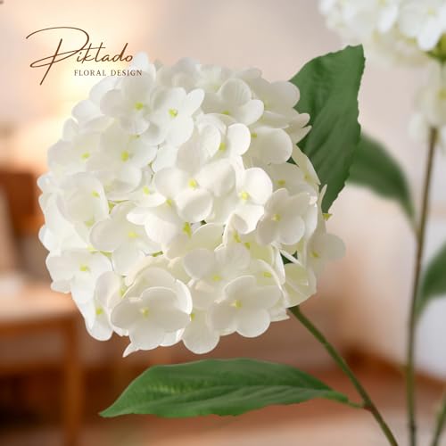 A Bunch 21in White Real Touch Hydrangea Artificial Flowers with 5pcs Flower Head 10pcs Leaves Faux Hydrangea Flowers for Home Office Decor Wedding Party Arrangements (1, White) - color: White, size: 1 Bunch