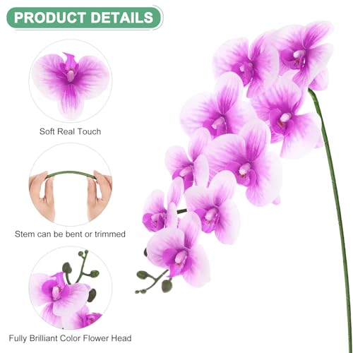 M METERXITY 6-Pack Artificial Orchid Flowers 9 Large Petals 37 Inch Faux Phalaenopsis Silk Bouquets Real Touch Dark Purple White Fake Orchids for Home/Wedding/Christmas/Party/Garden Office - color: Dark Purple White