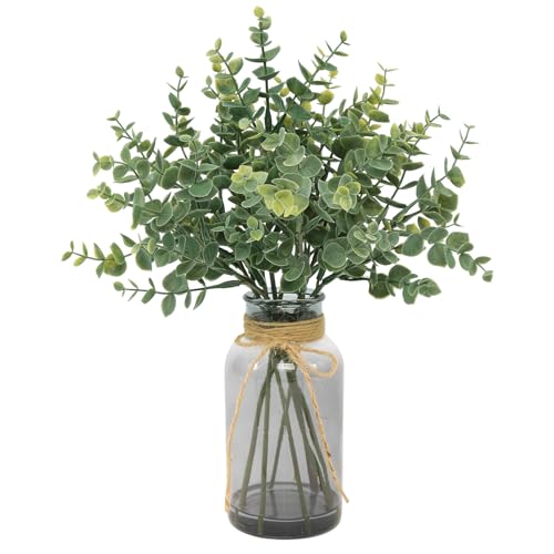 Coferset Eucalyptus Stems in Glass Vase with Faux Water, 14" Eucalyptus Fake Plants Faux Greenery Plants Decorations for Home Bathroom Office Farmhouse Shelf Coffee Table Centerpiece (Gray Vase) - color: Green-gray Vase