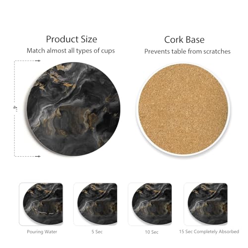 Set of 6 Abstract Black Marble Coasters with Holder, Absorbent Ceramic Coasters for Drinks, Coasters with Cork Backing for Table Protection, Housewarming Gifts for New Home - color: Abstract Black Marble