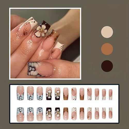24Pcs Fall Press on Nails Medium Square Fake Nails with 3D Flowers Gold Beads False Nails Autumn Winter Flower Full Cover Glue on Nail Brown Flower Artificial Stick on Nails for Women Manicure