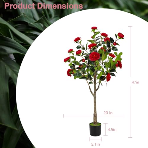 47” Artificial Camellia Tree with Blooming Red Flowers, Artificial Tree for Indoor Outdoor, Faux Camellia Tree for Modern Home Office Floor Porch Decor, Free Maintenance - color: Red