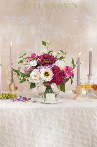 Artificial Flowers Centerpieces in Glass Vase with Fake Water, Silk White Rose Sunflowers Peony Bouquet with Vase for Birthday Party Wedding Dinning Table Office Hotel Decor (Fuchsia Mixed Plus) - color: Fuchsia Plus