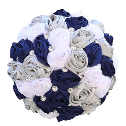 Bridal Wedding Bouquet with Bling Silver Rhinestones for Bride Bridesmaid Quinceanera Satin Rose Flower Bouquet Wedding Navy Blue White and Silver Grey 8.7in - color: Navy Blue, Silver & White (Standard Size: Dia.8.7")