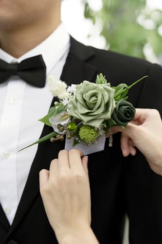 Ling's moment Pocket Boutonniere Single, Boutonniere for Men Groom for Wedding, Prom, Homecoming, Anniversary, Graduation, etc.Green Beige, 6" W x 5" H - color: Grn-green & Beige, size: 6" W x 5" H