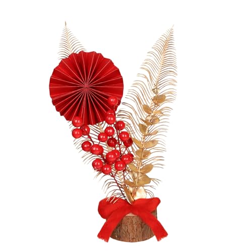 Chinese New Year Bonsai Decoration Artificial Red Berries Gold Leaves Bow Blessing Potted Lucky Tree Crafts Chinese Spring Festival Ornaments for Home Office Table Decor Housewarming Gift - color: Red New Year-5