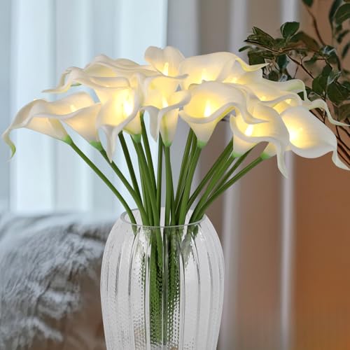 HOMESEASONS LED Lighted Artificial Flowers Calla Lily Bouquet 20 Stems Real Touch Calla Faux Flower Lights for Valentine's Day Gift and Easter Home Kitchen Wedding Dining Table Decor(White, No Vase) - color: White