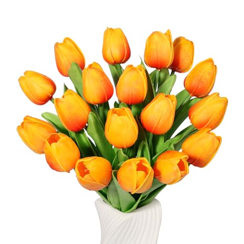 Beferr 18pcs Tulips Artificial Flowers Faux Tulip Real Touch Tulip Fake Flowers Bouquets Arrangements for Mothers Day Spring Easter Wedding Home Table Decor Orange - color: H-18pcs-1colors-dorange, size: 18PCS