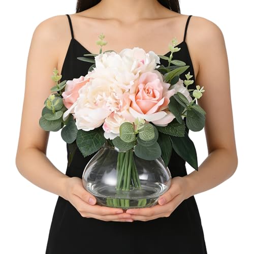 Lifelike Artificial Flower Arrangements with 4 Roses + 4 Peonies in Glass Vase with Faux Water for Wedding & Home Table Centerpieces - color: Peony & Rose With Faux Water, size: Pink