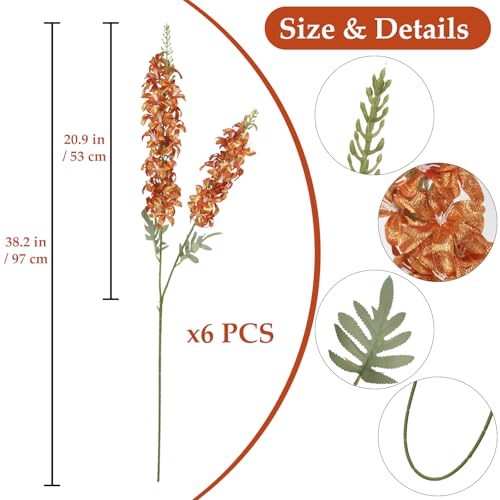 38" Orange Glitter Delphinium Artificial Flowers, 6PCS Sparkle Metallic Silk Delphinium Faux Larkspur Long Stem Flowers for Tall Vase for Home Wedding Table Decor(Orange)