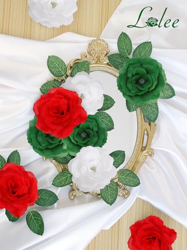 108pcs Roses Head Flowers with Stem - Red & Green White Italian Artificial Flowers Rose Bulk - Silk Rose Fake Flower for Mexico Italy Bridal Wedding Bouquet Baby Shower Centerpieces Christmas Decor - color: Green-red-white