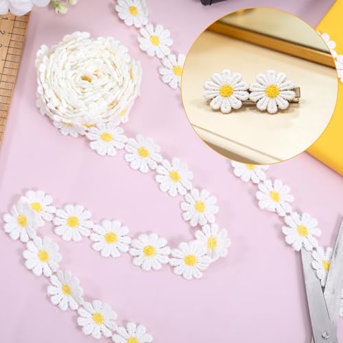 3 Rolls Daisy Ribbon, 113 Inch Polyester Craft Lace with 1 Inch Daisy Flowers for Bridal Bouquet Packaging Wedding Decorations DIY Crafts