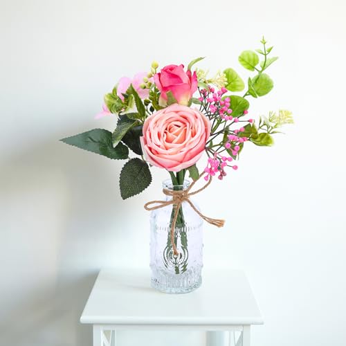 AFRITEE Flowers Bouquet in Small Vase - Pink Rose Artificial Fake Centerpiece Potted Flowers with Transparent Vase Set for House Dining Room Farmhouse Coffee Wedding Table - color: Pink Bouquet+relief Vase