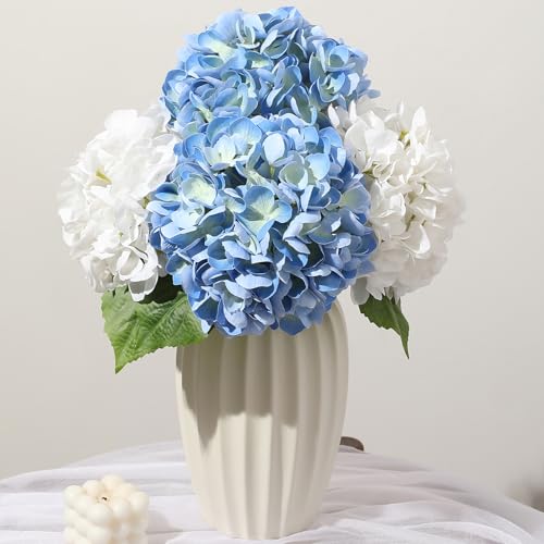 Nubry 4Pcs Hydrangea Artificial Flowers, 22.5In Latex Faux Real Touch Large Hydrangea Flowers with Long Stems & Leaves for Home Office Decor Wedding Party Arrangements(White&Blue) - color: White&blue, size: 4 Pcs