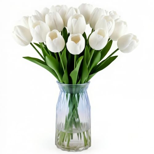 20 Pcs Fake Tulips Flowers 16" Tall, Realistic Touch Leaves, Bottle Tulip Artificial Plants Indoor for Home Decor Small Office Home Living Room-Vase Not Include -White - size: 16 Inch Tulips White