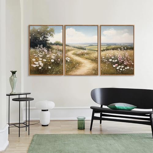 Rantodecor Rustic French Country Framed Canvas Wall Art, Vintage Flower Field Wall Decor, Calming Nature Landscape Art Paintings, Modern Wildflower Artwork for Farmhouse Bedroom Living Room 16"x24"x3 - color: Rustic French Country, size: 24"x16"