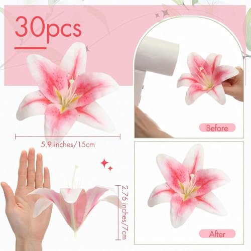 Suncalla 30 Pack Large Artificial Lilies Flower Heads with Realistic Stamens 5.9" Faux Fake Lily Flower Heads Bulk for DIY Crafts Cake Wedding Bridal Wreaths Table Home Party Decor(Light Pink) - color: Light Pink