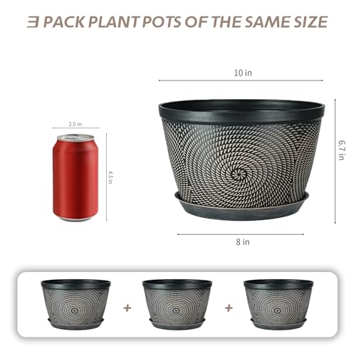 Quarut 10 Inch Flower Pots for Outdoor Indoor, 3 Pack Plastic Plant Pots with Drainage Hole & Tray, Modern Decorative Garden Pot with Saucer, planters for House (Brown) - color: Circular Pattern-brown, size: 10 inch-3 Pack