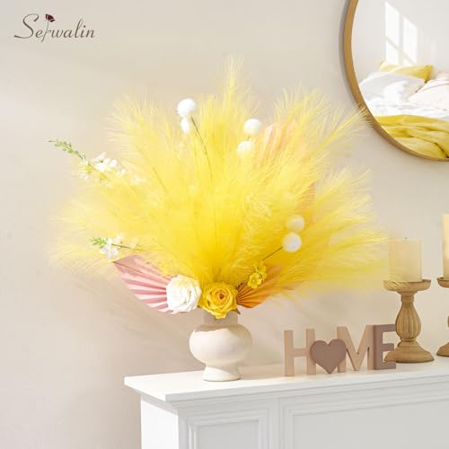 Serwalin 60 PCS Pampas Grass, 17.7" Pampas Grass Decor, Artificial Pampas Grass Bulk Vase Filler Flower Arrangement for Wall Decor Home Wedding Party Decor, Lemon Yellow - color: Lemon Yellow