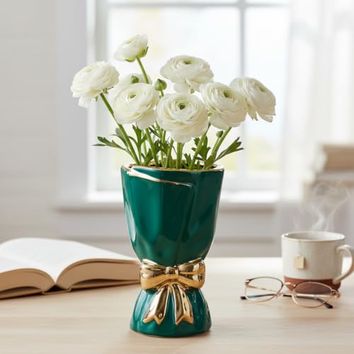 Green Ceramic Vases Home Decor, Modern Bow Vase for Flower - 7 Inch Small Decorative Vase for Bathroom, Shelf, Window Sill, End Table Decor, Dresser Centerpieces - color: Dark Green, size: 7 inch