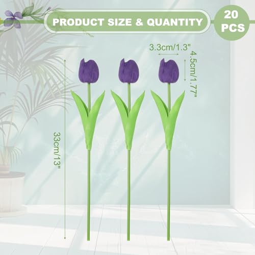 uxcell 20pcs Tulips Artificial Flowers, Faux Flowers Silk Fake Tulip Stems Real Touch for Wedding Bouquet Centerpiece Table Party Decoration(Dark Purple) - color: Dark Purple