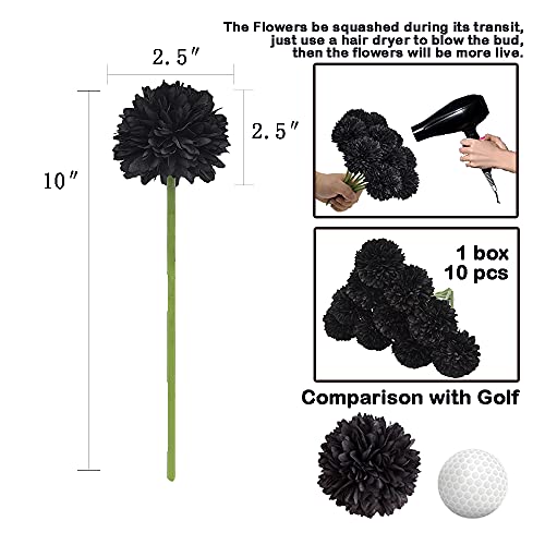 10Pcs Artificial Fake Flower Plants Silk Chrysanthemum Ball Hydrangea Arrangements Wedding Bouquets Decor Home Kitchen Garden Party Table Floral Centerpieces DIY (Black) - color: Black