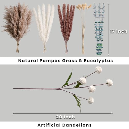 High-End Faux Flower Bouquet with Dried Pampas Grass Decor – Realistic Artificial Flowers Indoor | Faux Peonies, Mums, Ranunculus, Eucalyptus | Dried Floral Arrangements & Vase Fillers for Home Decor - color: White