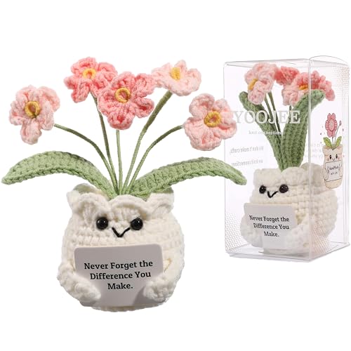 YOOJEE Crochet Forget Me Not Flower Gift – Thank You Gift for Women with Card “Never Forget the Difference You Make”, Appreciation Gift for Teacher, Coworker, Nurse, Friend, Cute Desk Decor - color: E-never Forget the Difference - Pink