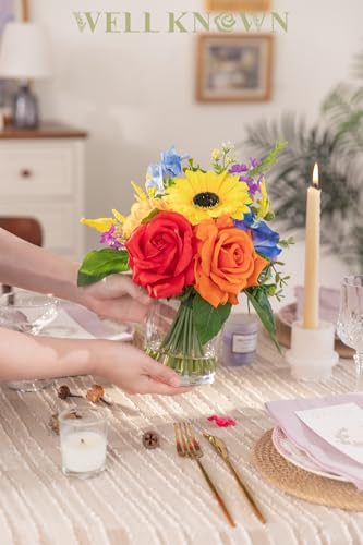 WELL KNOWN Artificial Flowers in Vase with Fake Water, Colorful Spring Flowers Fake Sunflowers Rose Peonies Bouquet for Home Wedding Party Dining Table Baby Shower Decor & Birthday Gift (Rainbow) - color: Colorful Rainbow