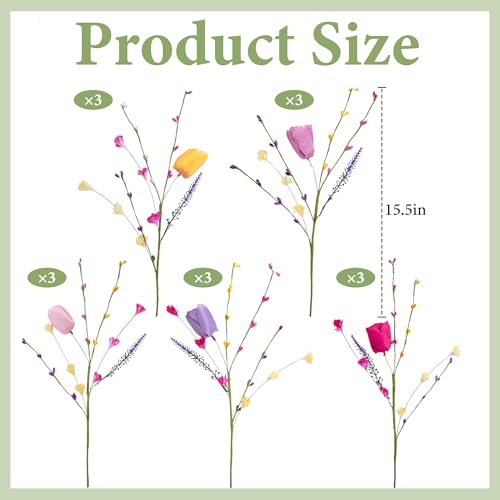 15 Pcs Artificial Tulips Wildflowers Spring Flower Stems, Fake Tulips Artificial Flowers Bouquets with Wildflowers, Colorful Spring Floral Picks for Easter Spring Floral Arrangements Vase Centerpieces - color: Flower Stems-15pcs